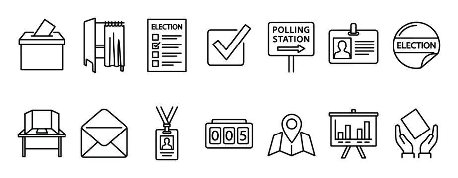 Set of black outline icons for elections and voting, featuring a ballot box, booth, polling station sign, ID card, and other symbols of the democratic political process