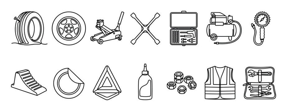 Car tire changing and repair tools icon set showing a flat tire, jack, lug wrench, compressor, and safety equipment in a simple black and white line art illustration