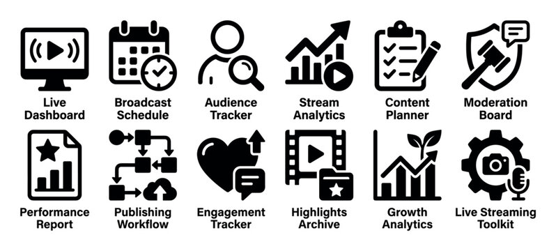 Set of black glyph icons for live streaming and content creation, including analytics, scheduling, moderation, and audience engagement tools for digital media broadcasting