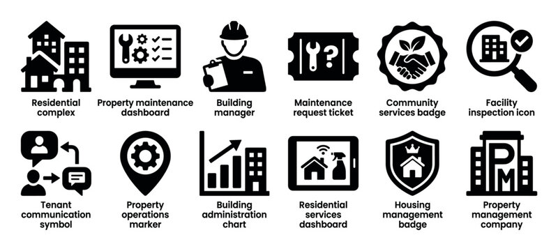 Set of black property management glyph icons for residential services, building maintenance, tenant communication, and facility inspection in a clean, solid vector style
