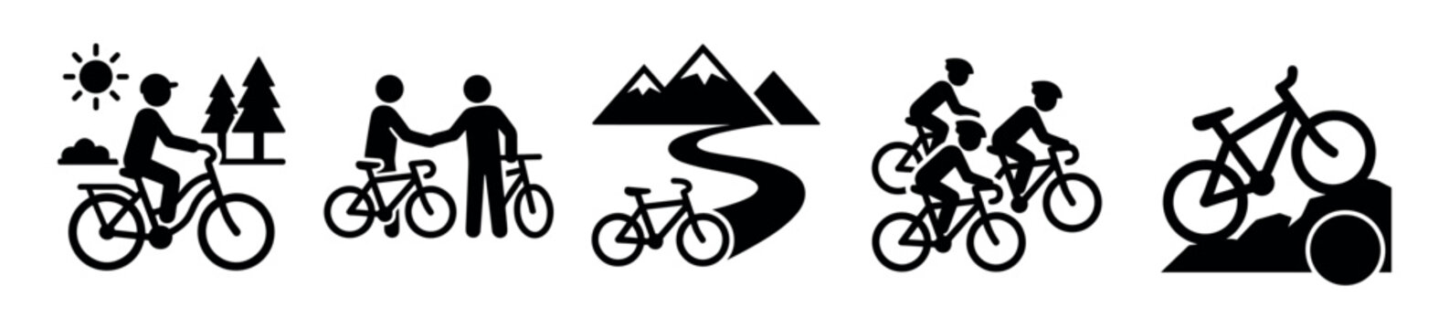 Set of black cycling icons showing various bicycle activities like leisure riding, racing, mountain biking, and touring in a simple minimalist pictogram style