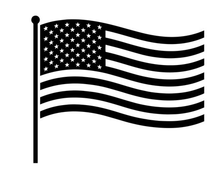 Black silhouette of a waving american flag on a flagpole with american silhouette patriotism national