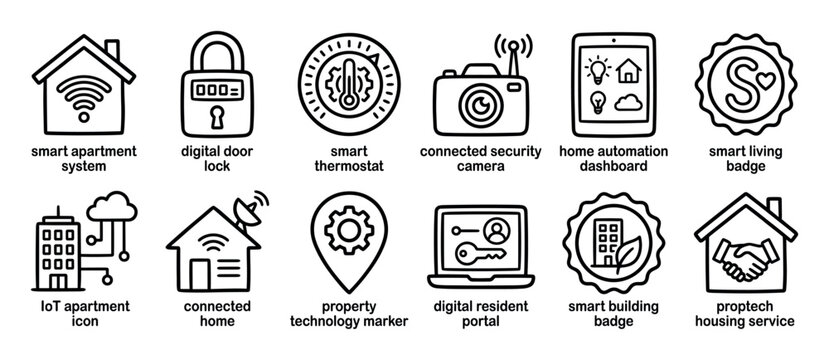 Hand-drawn smart home and proptech icon set featuring line art illustrations for home automation, digital security, and connected living concepts in a simple monochrome doodle style