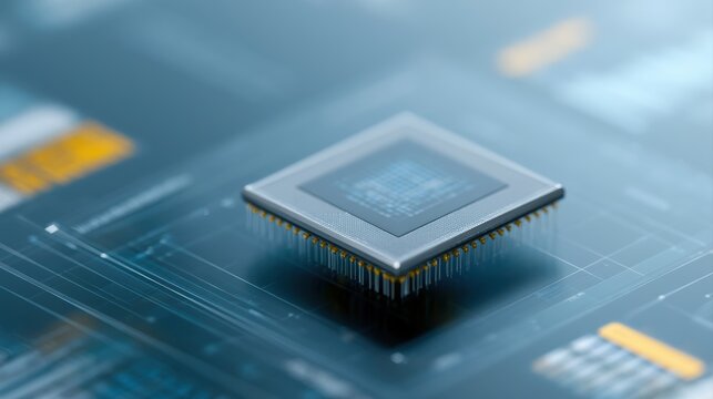 AI engineering concept with a digital intelligence chip emerging from a transparent interface displaying performance statistics and analytical insights
