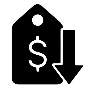Black silhouette tag icon featuring a dollar sign and downward arrow reduction discount business shopping
