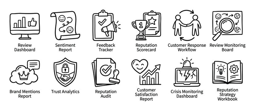 Hand drawn icon set for reputation management, customer feedback, and brand monitoring, featuring simple line art symbols for sentiment analysis, trust analytics, and crisis monitoring