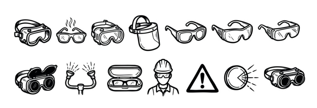Hand-drawn safety and eye protection icons featuring various types of goggles, glasses, a face shield, a worker in a hard hat, and a warning symbol in a sketch style