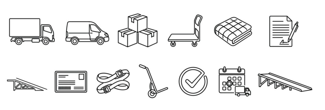 Moving and delivery service line icon set with a truck, van, boxes, dolly, and logistics symbols for shipping and relocation presented in a simple, clean outline style