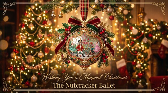 ornate ornament inspired by the Nutcracker ballet, decorated with ribbons, stars and festive botanical details, rich Christmas background, greeting card composition