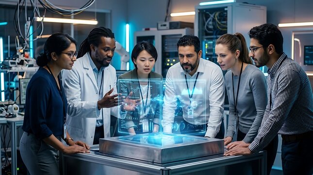 Diverse team of engineers analyzing holographic data in a modern lab