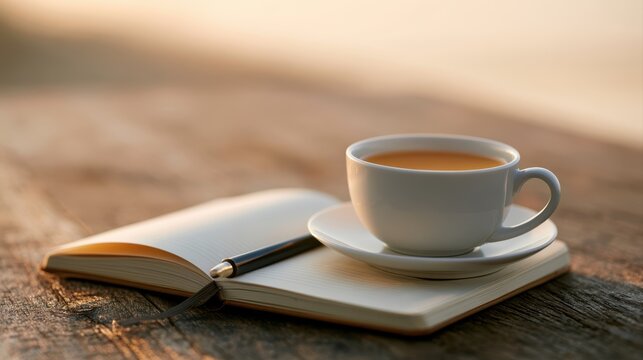 A peaceful sunrise illuminating an open journal and cup of tea, reflection and intentional living concept