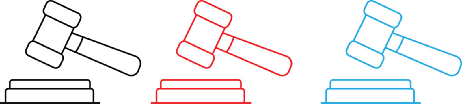 Law court gavel and sound block icons in different colors  legal symbols for justice and judiciary  various colored line art illustrations