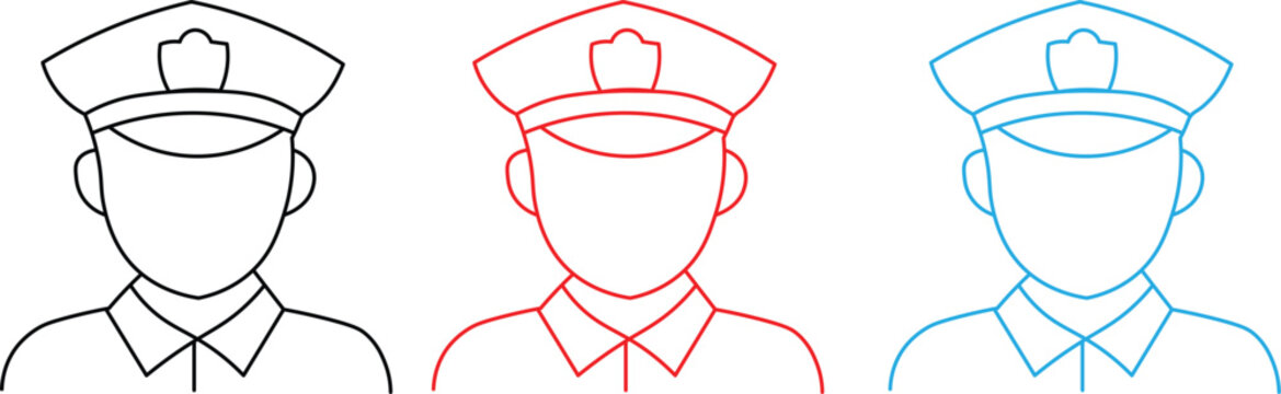 Three faceless police officers in black red and blue line art on white background