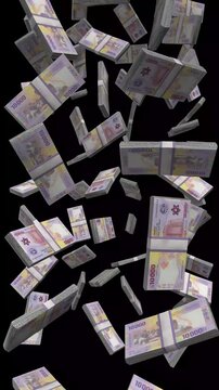 Vertical Cameroon Money, Falling CFA Franc Bills Black Background, Premium African Finance Cash Stacks, 4K