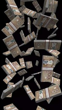 Vertical Canada Money, Falling Canadian Dollar Bills Black Background, Premium Toronto Finance Cash Stacks, 4K