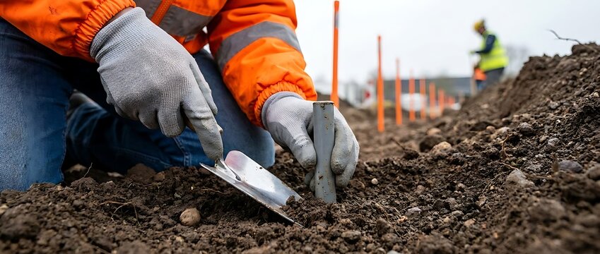 Construction worker wearing orange high visibility jacket and gloves uses trowel to place stake in soil near orange markers during land surveying on overcast day with blurred figures in background.