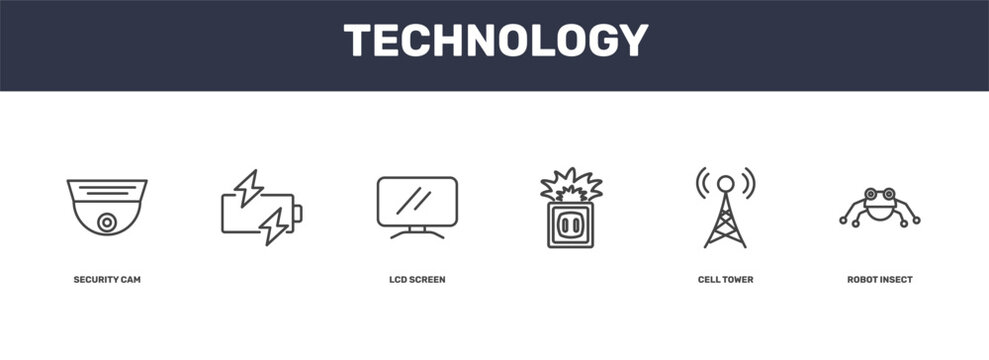 technology icon set with security cam, , cell tower, robot insect signs in flat outline style