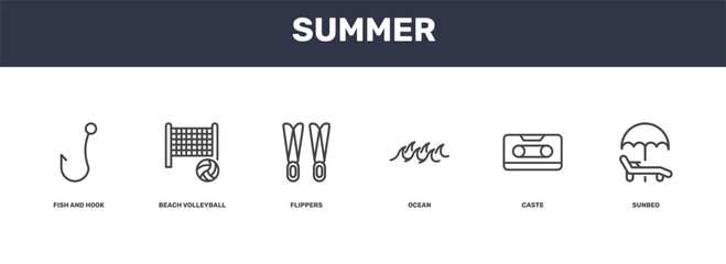 summer icon set with fish and hook, beach volleyball, caste, sunbed signs in flat outline style © Abstract