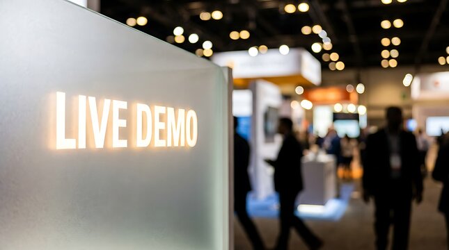Illuminated live demo sign displayed on modern frosted glass panel inside busy professional exhibition hall with blurry business people walking in background during conference.