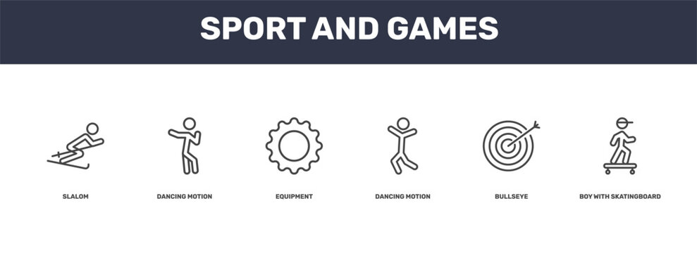 sport and games icon set with slalom, dancing motion, bullseye, boy with skatingboard signs in flat outline style