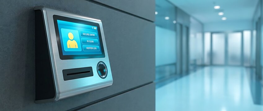 Electronic access control system mounted on wall outside office hallway with elevators and glass doors for security and visitor management.