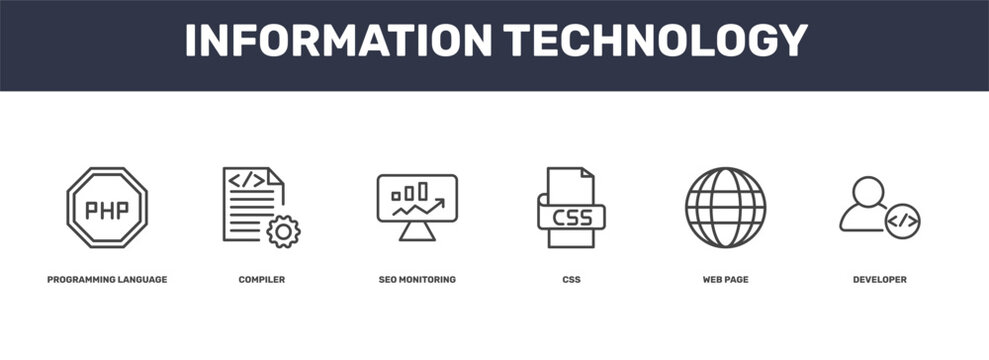 information technology icon set with programming language, compiler, web page, developer signs in flat outline style