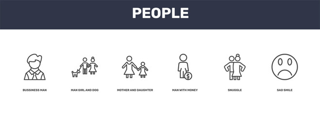 Naklejka premium people icon set with bussiness man, man girl and dog, snuggle, sad smile signs in flat outline style