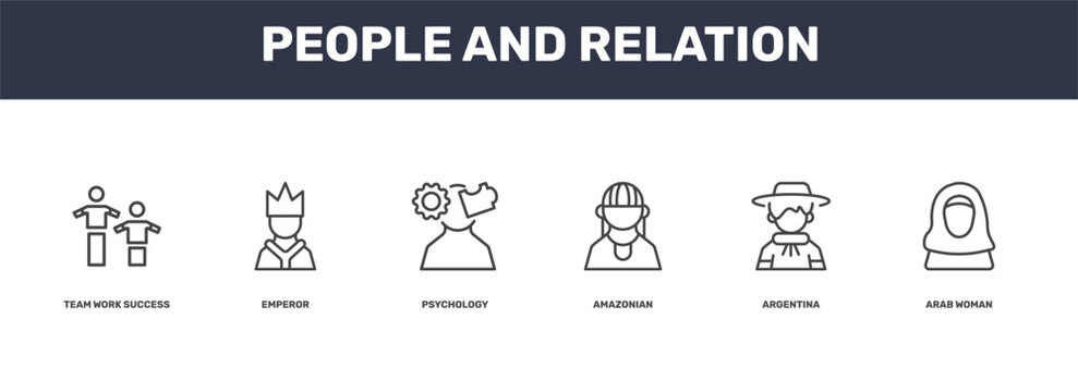 people and relation icon set with team work success, emperor, argentina, arab woman signs in flat outline style
