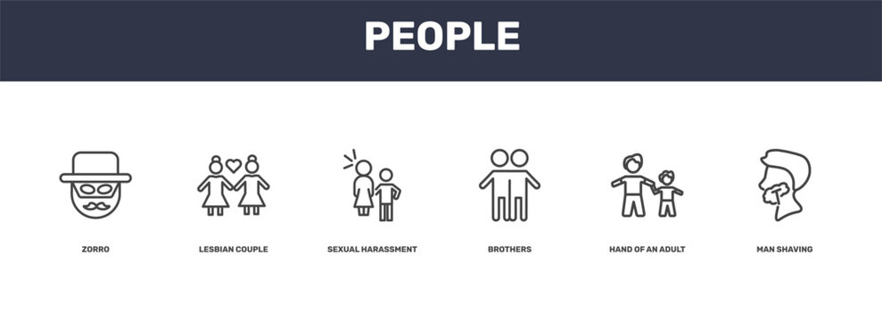people icon set with zorro, lesbian couple, hand of an adult, man shaving signs in flat outline style