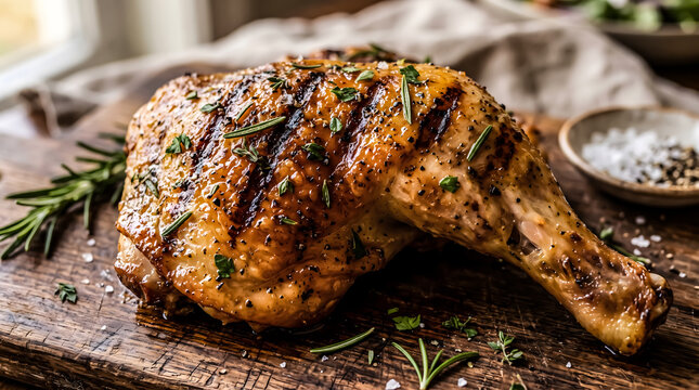 Grilled chicken leg quarter with herbs and spices on wooden cutting board