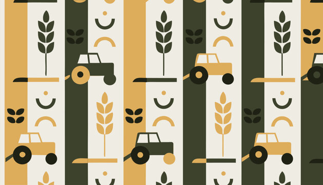 Abstract seamless farm pattern with tractors, wheat stalks, and crescent shapes on striped background