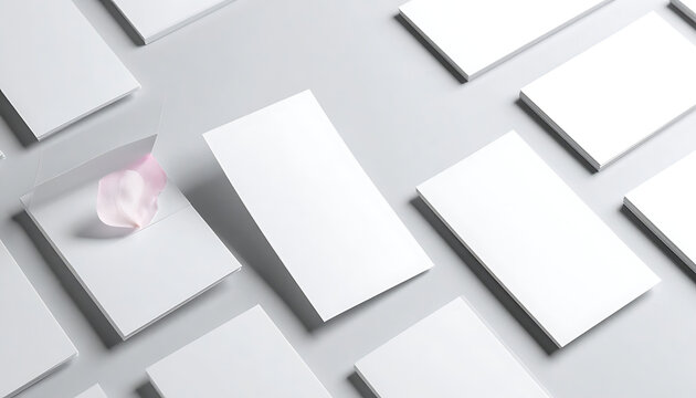 Blank white business card mockup template arranged in isometric grid with delicate pink flower petal, branding display