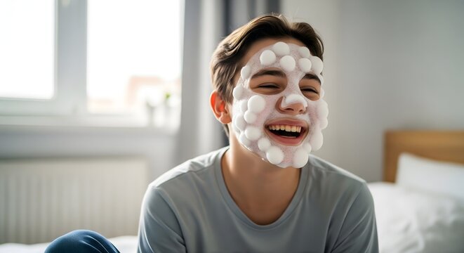 Happy teenage boy laughing with bubble cleansing face mask at home