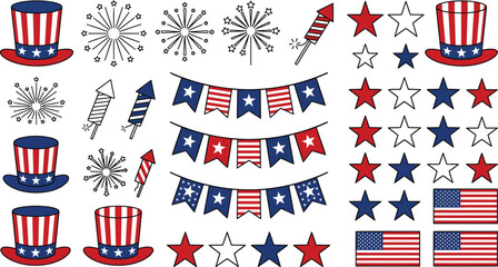 Obraz premium Fourth of July patriotic elements with stars and stripes on a white background silhouette