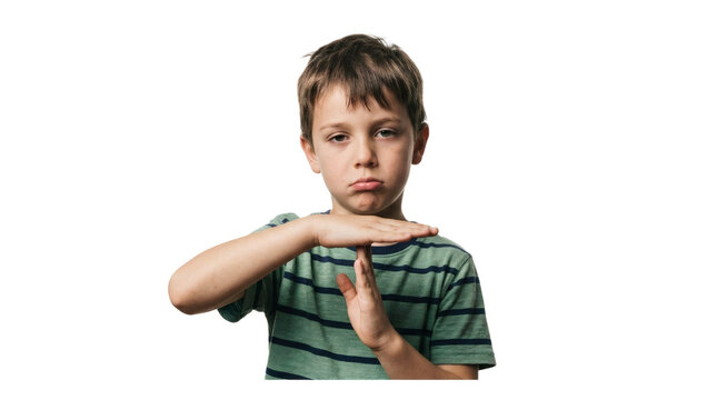 Young boy making a time out gesture with his hands and a sad expression PNG Isolated on transparent background