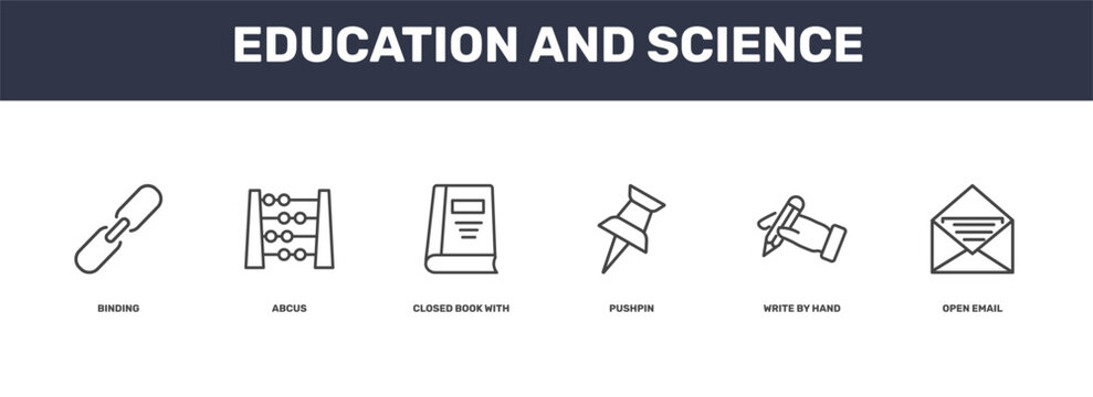 education and science icon set with binding, abcus, write by hand, open email signs in flat outline style
