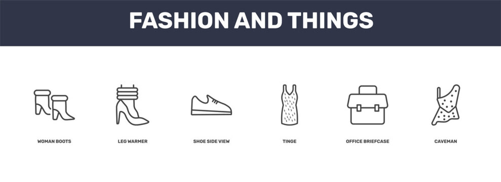 fashion and things icon set with woman boots, leg warmer, office briefcase, caveman signs in flat outline style