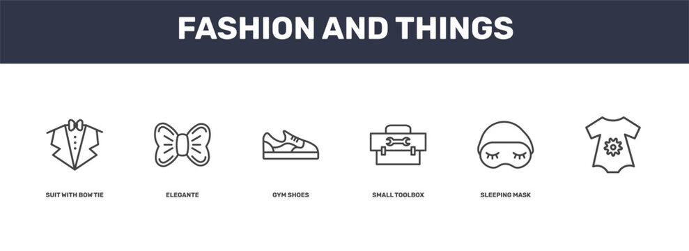 fashion and things icon set with suit with bow tie, elegante, sleeping mask, signs in flat outline style