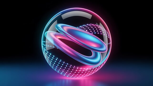 Blue sphere for website. Abstract odern transparent liquid sphere fluorescent glow. Graphic neon mesh sphere dots. Blue and pink liquid 3D sphere dark background. 