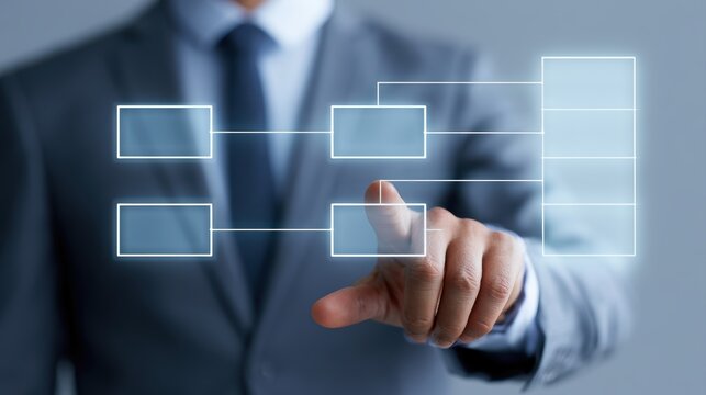 Business professional optimizing operational efficiency through a holographic workflow automation dashboard with task dependencies and approval chains