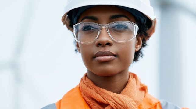 Renewable energy engineer standing at a wind farm wearing safety equipment, sustainable energy innovation and environmental responsibility concept
