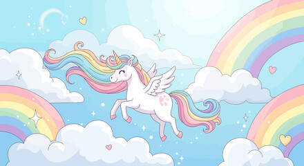 A flying unicorn with a rainbow mane and tail in a cloudy sky with rainbows. © Irma
