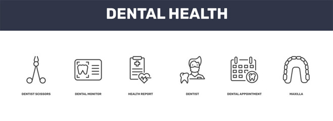 dental health icon set with dentist scissors, dental monitor, dental appointment, maxilla signs in flat outline style © Abstract