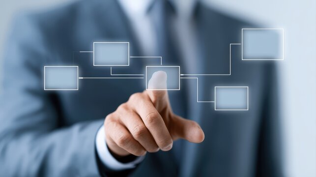 Business professional optimizing operational efficiency through a holographic workflow automation dashboard with task dependencies and approval chains