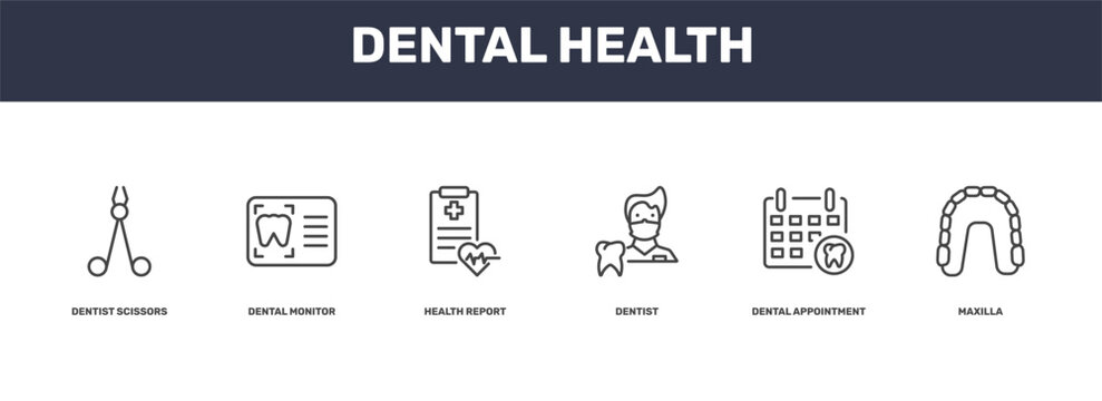 dental health icon set with dentist scissors, dental monitor, dental appointment, maxilla signs in flat outline style