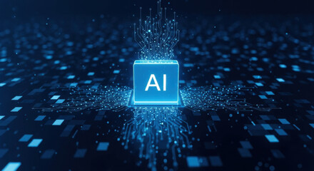 Naklejka premium Artificial intelligence microchip processor showing complex digital circuit pathways glowing against dark cyber background representing innovation.