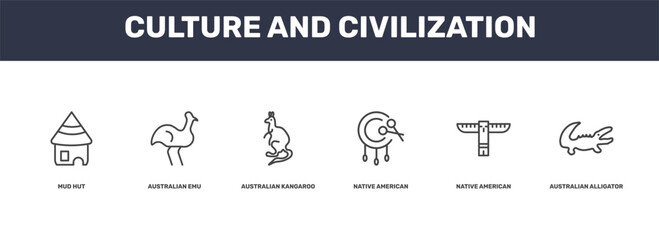 culture and civilization icon set with mud hut, australian emu, native american totem, australian alligator signs in flat outline style © Abstract