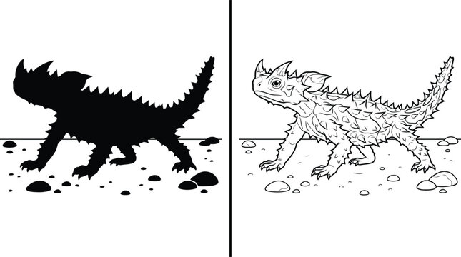 Lizard Thorny Devil Horned Walking on Ground with Stones in Black Silhouette and Detailed Outline Graphic Style