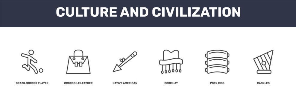 culture and civilization icon set with brazil soccer player, crocodile leather bag, pork ribs, kankles signs in flat outline style