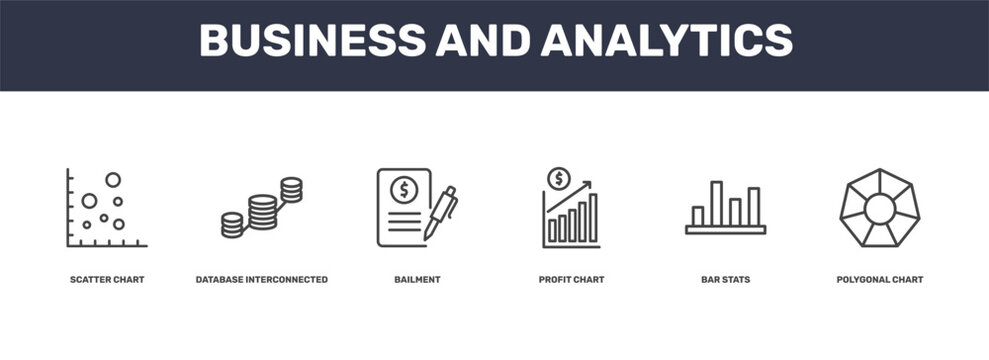 business and analytics icon set with scatter chart, database interconnected, bar stats, polygonal chart signs in flat outline style